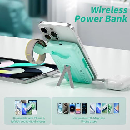 Magnetic Portable Charger Built-in Cables,10000mAh Fast Charging Wireless Charger Station External Battery Pack Slim Pocket Size Power Bank with Stand Compatible with iWatch, iPhone - color: Green