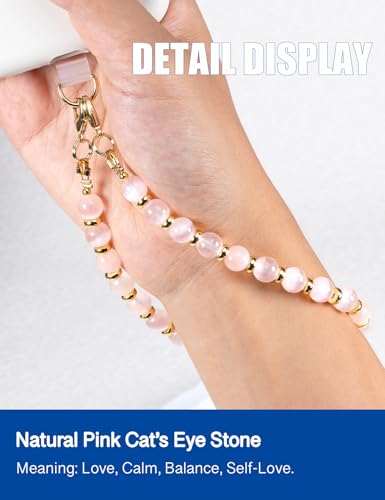 CH.yishi Beaded Phone Charm Wrist Strap with Tether Tab,Camera Lanyard - style: Pink Cat’s Eye