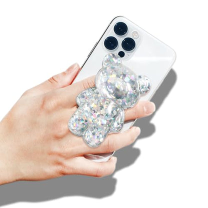 On The Grip Magnetic 3D Gummy Bear Style Expandable Collapsible Mobile Phone Grip Stand Holder for Smartphone Tablet Cell Phone Accessory (Silver Glitter)