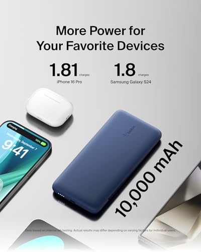 Belkin 10K 23W Portable Charger Power Bank, Integrated USB C and LTG Cables - Recommended Uses for Product - color: Blue