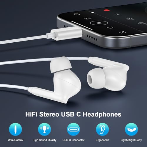 for iPhone 18 17 16 Headphones Wired Earbuds, USB C Earbuds Wired Ear Buds - color: White