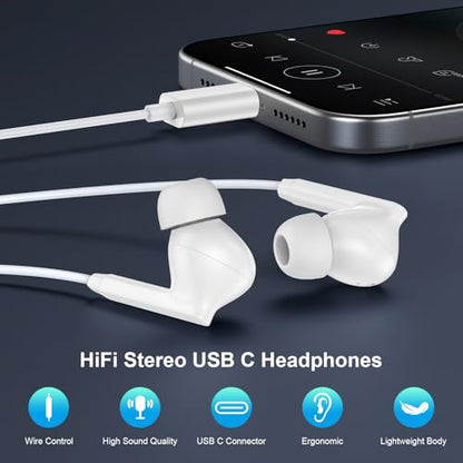 for iPhone 18 17 16 Headphones Wired Earbuds, USB C Earbuds Wired Ear Buds - color: White