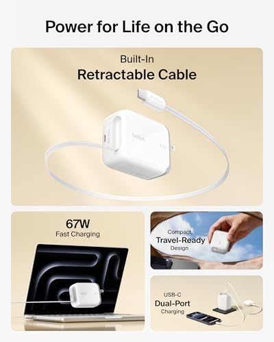 Belkin 67W GaN USB C Retractable Charger Block Fast Charging for Travel - color: White, style: 67W