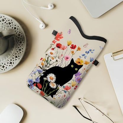 Cell Phone Sleeve Pouch with Adjustable Strap - Cat with Floral - color: Black Cat With Flowers