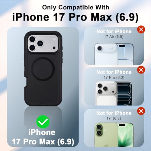 Defender for iPhone 17 Pro Max Magnetic Case with Belt Clip Holster, Black | Compatible with MagSafe, Heavy Duty Drop Protection, Rugged Durable Protective Case for iPhone 17 Pro Max with Kickstand - color: Black