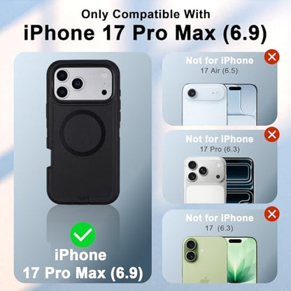 Defender for iPhone 17 Pro Max Magnetic Case with Belt Clip Holster, Black | Compatible with MagSafe, Heavy Duty Drop Protection, Rugged Durable Protective Case for iPhone 17 Pro Max with Kickstand - color: Black