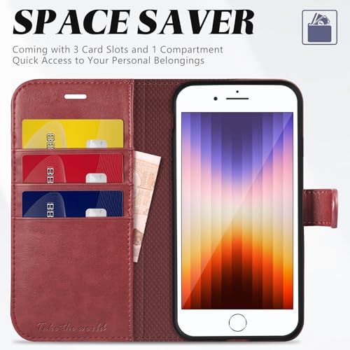 TUCCH Wallet Case for iPhone SE 2022/SE 2020/iPhone 8/7 (4.7"), Dark Red | 3 Card Holders, Kickstand, PU Leather, Shockproof TPU Shell, Magnetic Closure, Protective Folio Cover - color: Dark Red