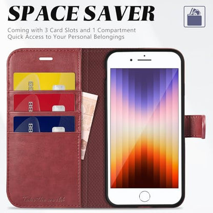TUCCH Wallet Case for iPhone SE 2022/SE 2020/iPhone 8/7 (4.7"), Dark Red | 3 Card Holders, Kickstand, PU Leather, Shockproof TPU Shell, Magnetic Closure, Protective Folio Cover - color: Dark Red