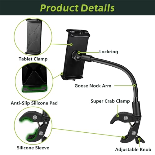Tablet Holder Mount, Adjustable Gooseneck Arm Clamp for Treadmill/Indoor Cycle/Stroller/Wheelchair/Boat, Compitable with 4.7-13" Tablet/Phone/Kindle/Switch