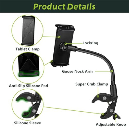 Tablet Holder Mount, Adjustable Gooseneck Arm Clamp for Treadmill/Indoor Cycle/Stroller/Wheelchair/Boat, Compitable with 4.7-13" Tablet/Phone/Kindle/Switch