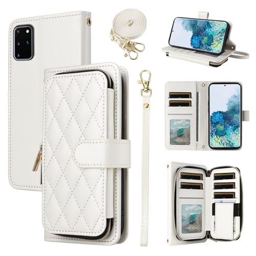 Wallet Case for Samsung Galaxy S20 Plus S20+ 5G with Wrist Strap, 9+ Card Slots Zipper Purse, Luxury PU Leather Stand Full Body Phone Cover for S20+5G S20plus 20S + S2O S 20 20+ G5 Women White | Wrist/Shoulder Strap, Card Slots, Zipper Purse, PU Leather S