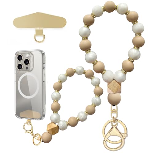 Silicone Beaded Phone Wrist Strap, Phone Bracelet Strap with Tether Tab Elastic Hands Free Wristlet Strap - color: Beige White