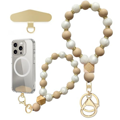 Silicone Beaded Phone Wrist Strap, Phone Bracelet Strap with Tether Tab Elastic Hands Free Wristlet Strap - color: Beige White