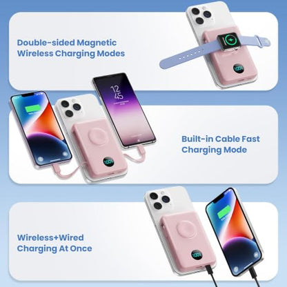 Ekrist Magnetic Portable Charger 10800mAh for MagSafe with Built-in Cable,iWatch Charger,Wireless Power Bank Travel Essentials,25W Fast Charging Battery Pack for iPhone 17/16/15/14,Apple Watch(Pink) - color: Pink