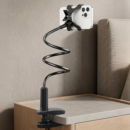 Gooseneck Phone Holder, 27.5" Flexible Phone Holder for Bed Desk, 360° Rotation Cell Phones Stand with Clamp, Heavy Duty Bracket for Bedside Living Room/Black - color: Black