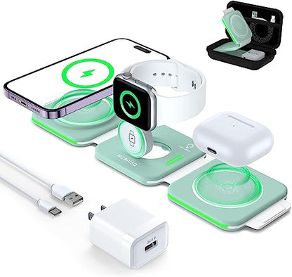 3 in 1 Charging Station for Apple,Magnetic Foldable Charger for Travel - color: GREEN
