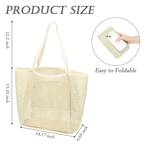 GYEUKHAM Mesh Beach Bag for Women, Sand-Resistant Pool Tote, 9 Pockets (1 Inner Zip), Foldable Family Travel Essentials - color: 2 Pockets-beige