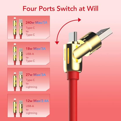 MFish 240W 4-in-1 Fast Charging Cable, Red, 6.6FT - color: Red, size: 6.6FT
