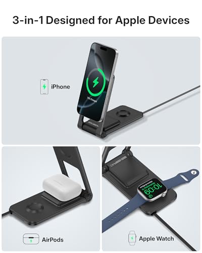 3 in 1 Charging Station for Apple Devices, Magnetic Wireless Charger Stand, 15W Foldable Travel Charging Dock for iPhone 17 16 15 14 13 12 Pro Max Plus Air & Apple Watch & AirPods 4 3 2 Pro, Black - color: Black