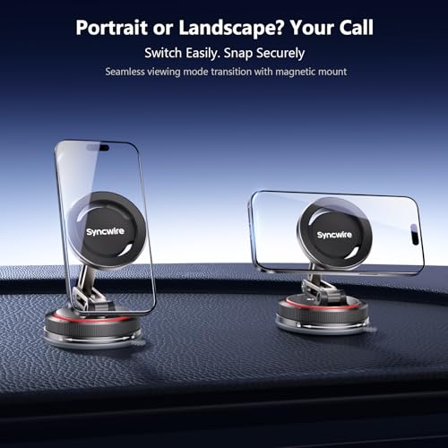SYNCWIRE for MagSafe Car Mount [3-Axis] Nano Adhesive Gel + Strong Suction Cup Magnetic Phone Holder for Dashboard & Windshield, 360° Adjustable for iPhone 17 16 15 14 13 12, Samsung, Matte Black - color: Black