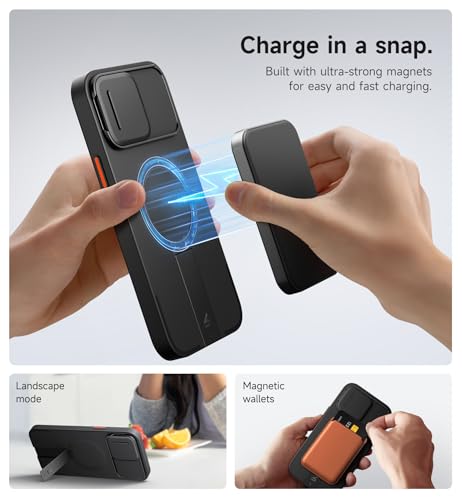 SURITCH for iPhone 13 Pro Max/12 Pro Max Case with Magnetic Camera Slide Cover and Adjustable Kickstand, Compatible with MagSafe, Shockproof Bumper Case Slim Protective Cover 6.7 Inch, Black - color: Black, size: IPhone 13 Pro Max/12 Pro Max-6.7"