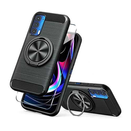 Compatible for Motorola Moto Edge 2021/Edge 2021 5G UW/XT2141 Case with Screen Protector, 360° Rotatable Ring Holder & Kickstand, Flexible TPU Rubber Carbon Fiber Jacket Protective Cover Case (Black) - color: Moto Edge 2021 Black