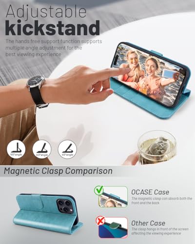 OCASE Compatible with iPhone 16 Pro Wallet Case, PU Leather Flip Folio Case with Card Holders RFID Blocking Kickstand [Shockproof TPU Inner Shell] Phone Cover 6.3 Inch 2024, Ice Blue | RFID Blocking, Flip Case, Magnetic Clasp, PU Leather Wallet Case, Kick