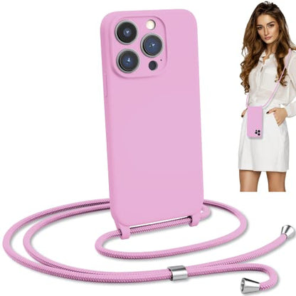 Crossbody Lanyard Strap Case for iPhone 14 Pro Max, Neck Cross Body, Adjustable Holder Removable, Drop Protection Shockproof, Hands-Free Silicone Case 6.7 inch, 150 cm Strap, iP14PM - Pink - color: Pink