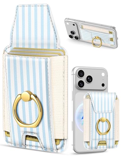 Shorogyt Compatible with Magsafe Wallet with Ring Grip Magnetic Card Holder - Cute Phone Wallets with Stand for iPhone 17/16/15/14/13/12 Series for Women Girls Blue White Design, Fit 7 Cards - color: Blue White
