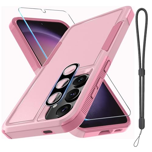 Case for Samsung Galaxy S24 FE, Full Body Heavy Duty Rugged Shockproof Protective Phone Cover with Lanyard Strap, Tempered Glass Screen Protector and Camera Lens Cover, Cute Pink | Rugged Shockproof Protective Case,with Tempered Glass Screen Protector + C