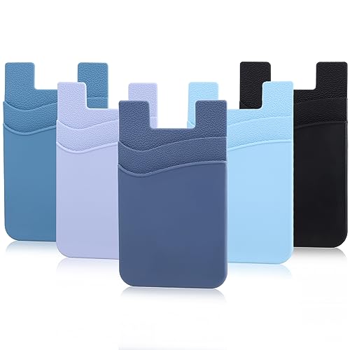 Phone Wallet Stick on,5Pack Phone Card Holder for Back of Phone Case,Silicone Sticky Credit Card Holder for Cell Phone Double Pocket Sticker All Smartphones—Navy,Sierra,Pastel,Blue,Black