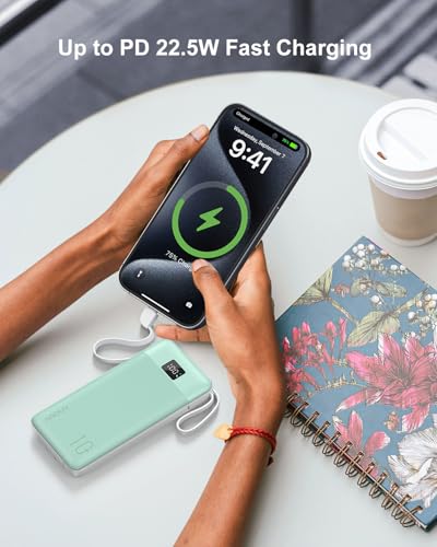 Portable Charger 10000mAh Power Bank w/Built-in 3 Cables & AC Wall Plug - color: Green