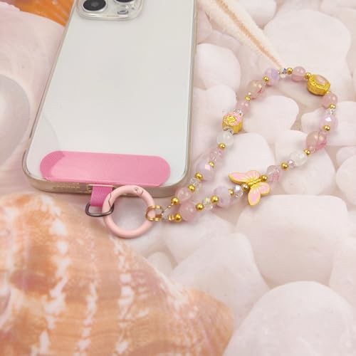 Cute Phone Wrist Strap Chic Beaded Cellphone Lanyard Phone Charm Grip Strap - color: Pink Butterfly