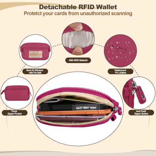 YFWE Clip and Go Phone Strap with Crossbody Wallet, Adjustable Phone Lanyard with Detachable RFID Wristlet Wallet, Anti-Theft Leather Purse with ID Window for Travel Essentials (Rose Red) - color: Rose Red