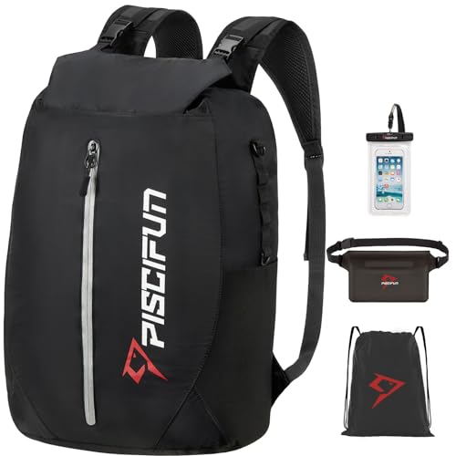 Piscifun Waterproof Floating Dry Backpack 10L/20L/30L | Lightweight and Durable, With Waist Pouch and Phone Case, Ideal for Kayaking, Camping, Beach, Boating, Swimming - color: Black, size: 30L