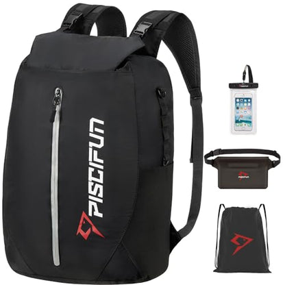 Piscifun Waterproof Floating Dry Backpack 10L/20L/30L | Lightweight and Durable, With Waist Pouch and Phone Case, Ideal for Kayaking, Camping, Beach, Boating, Swimming - color: Black, size: 30L