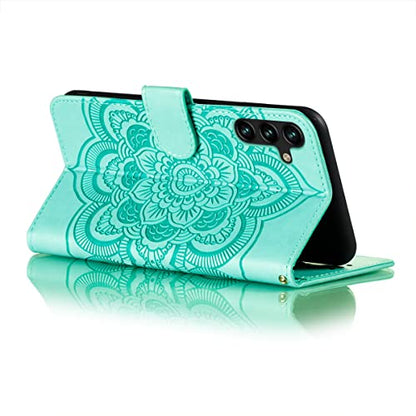 EYZUTAK Case for Samsung Galaxy A15 4G/5G, Premium Leather Magnetic Closure Flip Wallet Phone Case with Card Holder Cash Slot Stand Function Embossed Mandala Flower Shockproof Lanyard Cover - Green - color: Green, size: Samsung Galaxy A15 4G/5G
