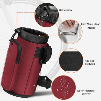 FINPAC Cup Holder for Bike, Universal Water Bottle Holder w/Phone Pockets - color: Burgundy