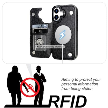 HAOPINSH Wallet Case for iPhone 17, Compatible with MagSafe Wireless Charging, Black Leopard Cheetah Pattern Back Flip Folio Leather Kickstand Card Slots Case Double Magnetic Clasp Cover 6.3" - color: Black Leopard for MagSafe