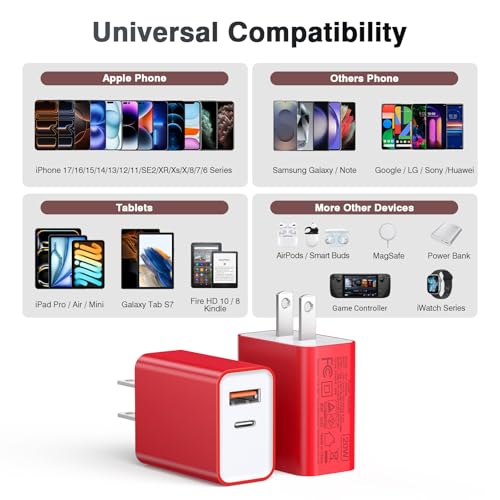 [2 Pack] 20W USB C Charger Block Fast Charging Dual Ports Adapter - color: Red