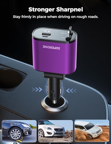 [Upgraded] SUPERONE Retractable Car Charger 4 in 1 Fast Car Phone Charger - color: Purple