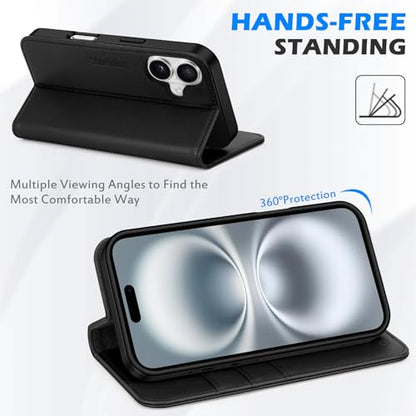 SHIELDON Genuine Leather Folio Wallet Case for iPhone 16 6.1" 2024, Black | Flip Magnetic Cover, Kickstand, RFID Blocking, 3 Credit Card Holder, Book Design, Shockproof, Soft Inner Phone Case - color: Black