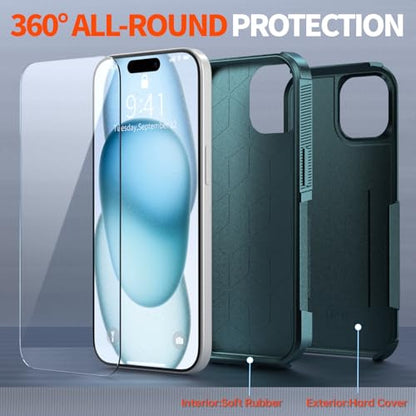 Shockproof for iPhone 15 Case,[15 FT Military Grade Drop Protection],with 2X [Tempered Glass Screen Protector ] with Air Bumpers Full-Body Protective Phone Case, Blackish Green - color: Blackish Green