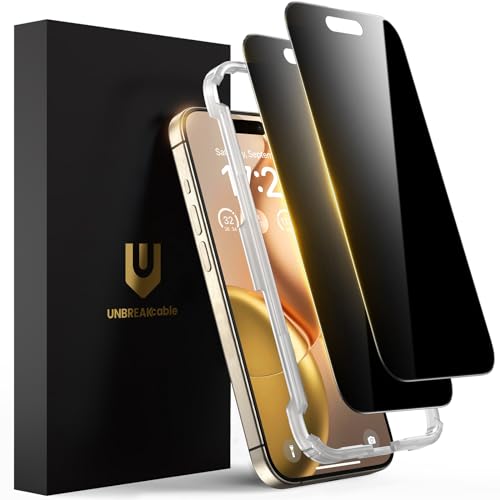 UNBREAKcable Privacy Screen Protector for iPhone 15 Pro, Full Coverage Shatterproof Tempered Glass [True 28°Anti Spy] [9H Hardness] [Easy Installation Frame] 2-Pack Private Screen for iPhone 15 Pro - size: iPhone 15 Pro