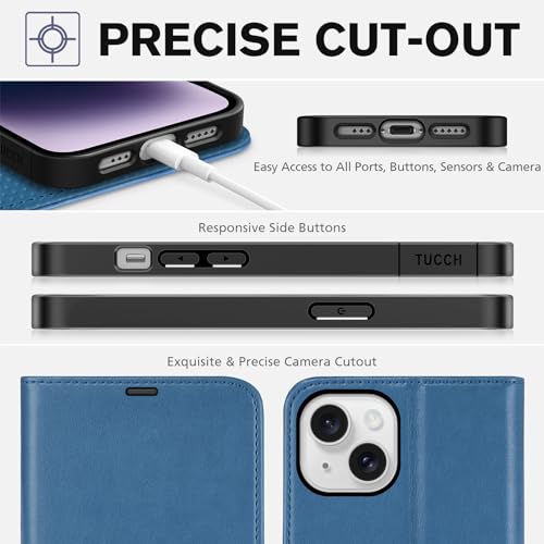 TUCCH Wallet Case for iPhone 14 (6.1") 2022, 4 Card Slots, Lake Blue | RFID Blocking, Viewing Stand, Shockproof TPU Shell, PU Leather, Magnetic Closure, Protective Folio Flip Cover - color: Lake Blue