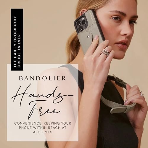 Bandolier Hailey Leather Crossbody Phone Case iPhone 15 Pro Max- Greige | Crossbody leather phone case. Built-in wallet w/ snap-closure. Adjustable & removable leather strap. Phone drop protection. - color: Greige/Silver, size: iPhone 15 Pro Max