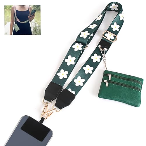 Phone Lanyard Crossbody with Zipper Pouch, Adjustable Phone Strap with Detachable Wallet/Wrist, Holds Multiple Cards & Cash, Clip and Go Strap Women/Teacher Gift for All Phone, Dark Green - color: Dark green