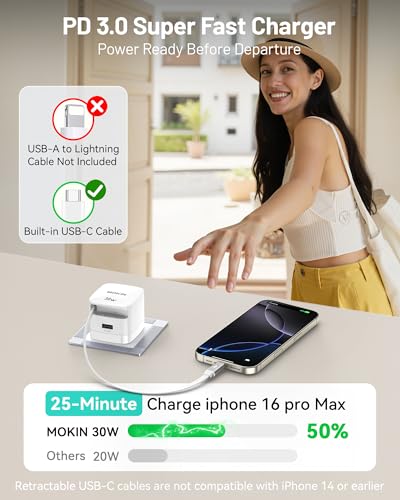 Fast Charger for iPhone 16 Pro Max, 30W GaN USB-C Charger Block, 2 Port w/Built-in Retractable C Cable & Foldable Plug, PD/PPS for iPhone 16 Series/Pixel 9 pro/Galaxy/iPad (USB C Cable)
