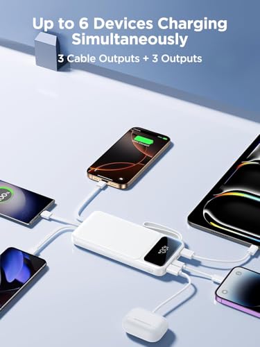 Power Bank, Portable Charger with Built in Cable Fast Charging Battery Pack - color: White