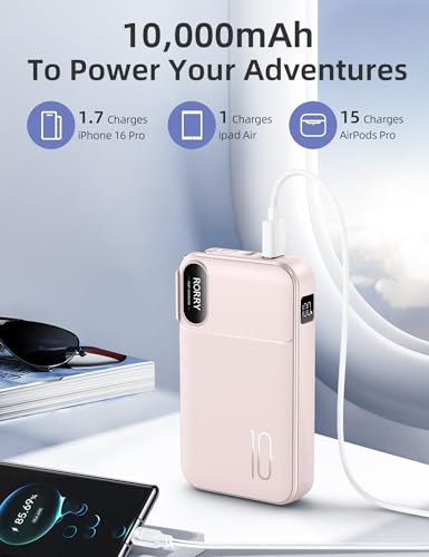 RORRY Portable Charger 3 in 1 with Wall Plug 10000mAh Power Bank for iPhone - color: Pink